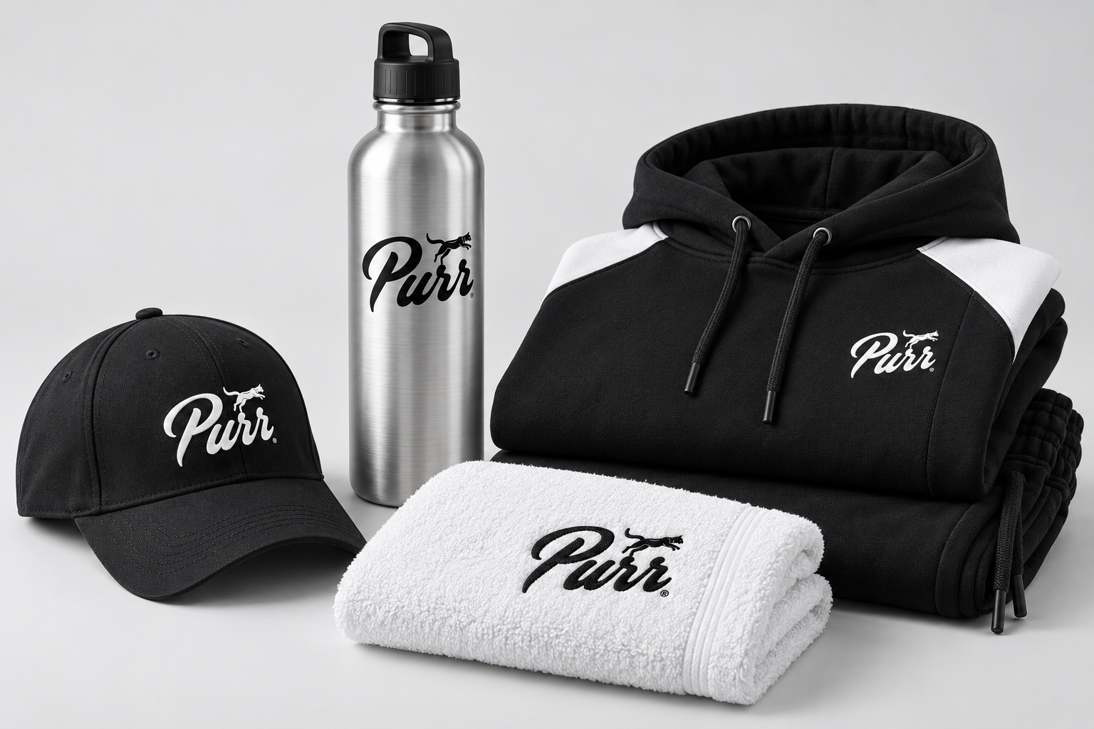 PURR accessories concept: studio arrangement of an aluminium bottle, cap, folded tracksuit and towel