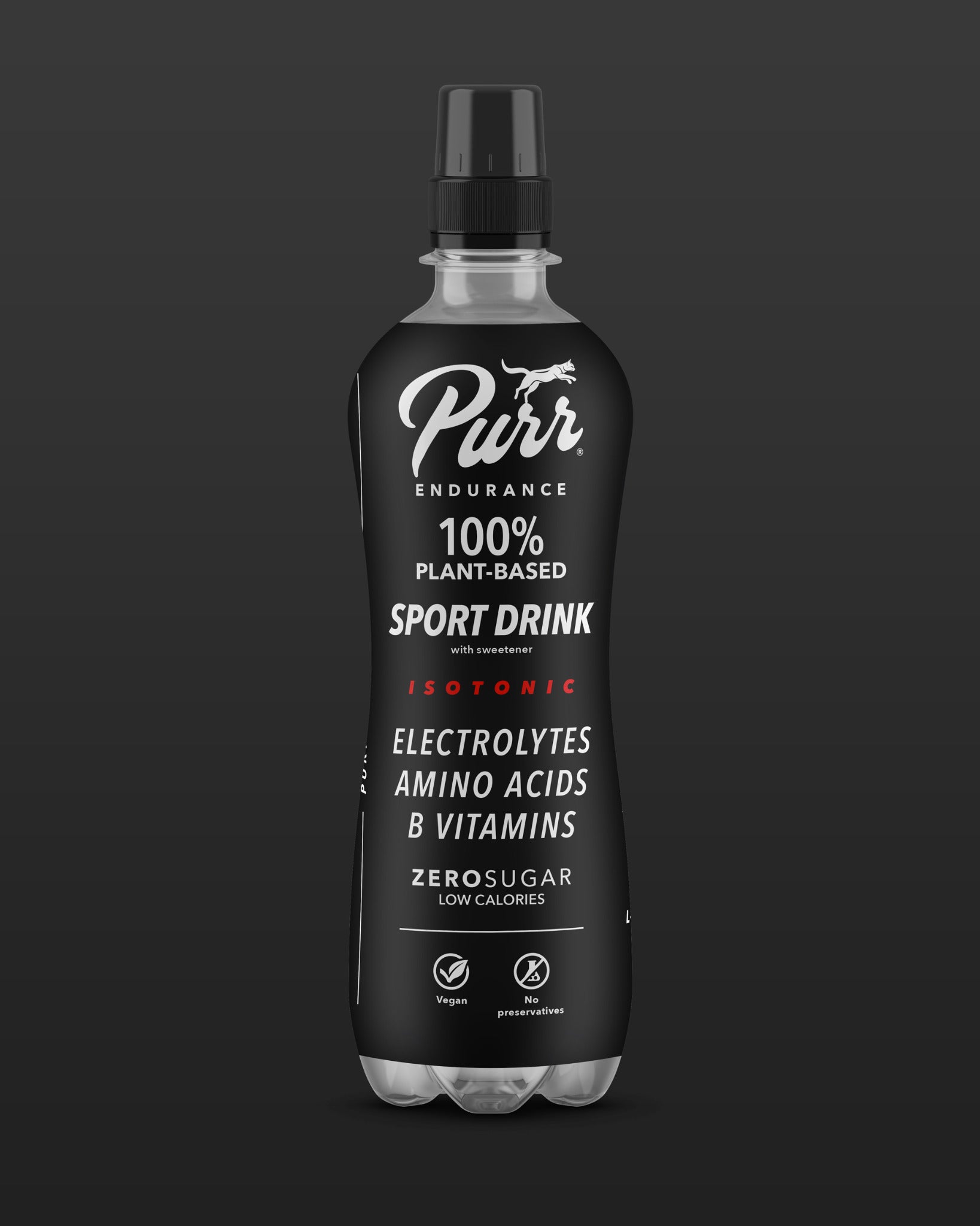 PURR Endurance black 500 ml bottle with its complete front label