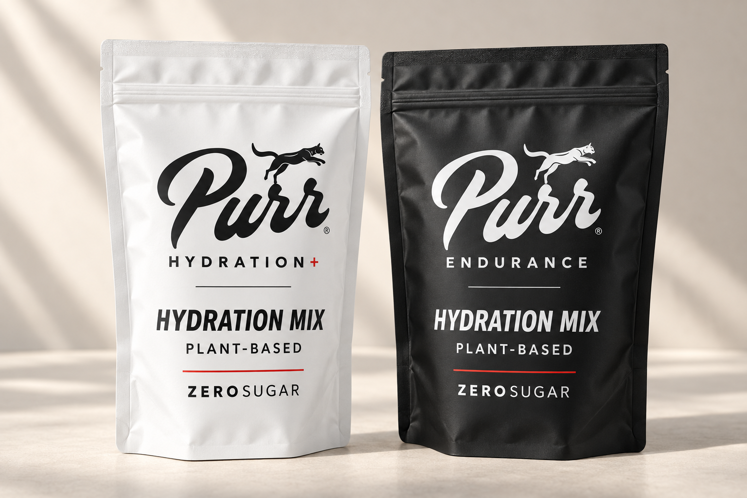 Concept designs for white PURR Hydration+ and black PURR Endurance powder doypacks