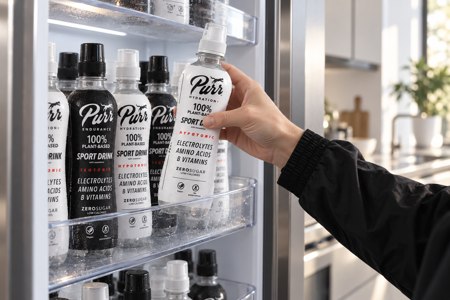 Wyjmowanie schłodzonej butelki PURR Hydration+ z lodówki wypełnionej białymi i czarnymi butelkami PURR