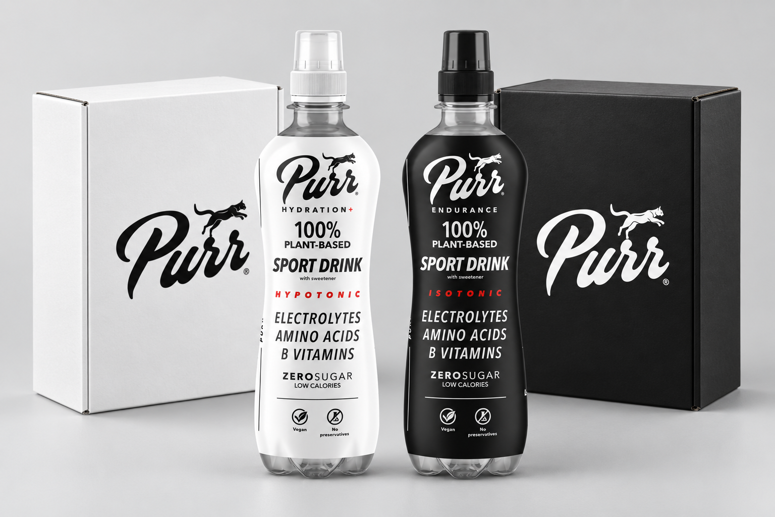 PURR subscription packaging concept: white Hydration+ and black Endurance bottles with matching closed PURR cartons
